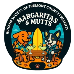 Margaritas & Mutts logo — two cartoon dogs in Hawaiian shirts enjoying margaritas at a beachside table, with a surfboard between them, under the words Humane Society of Fremont County Presents Margaritas & Mutts