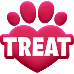 TREAT App logo — a pink paw print with a heart-shaped pad and the word TREAT in bold white letters